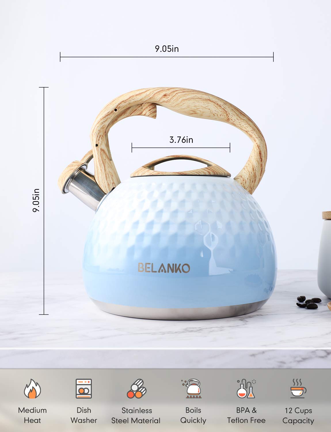 Belanko kettle works on gas, induction, electric, and ceramic stoves.