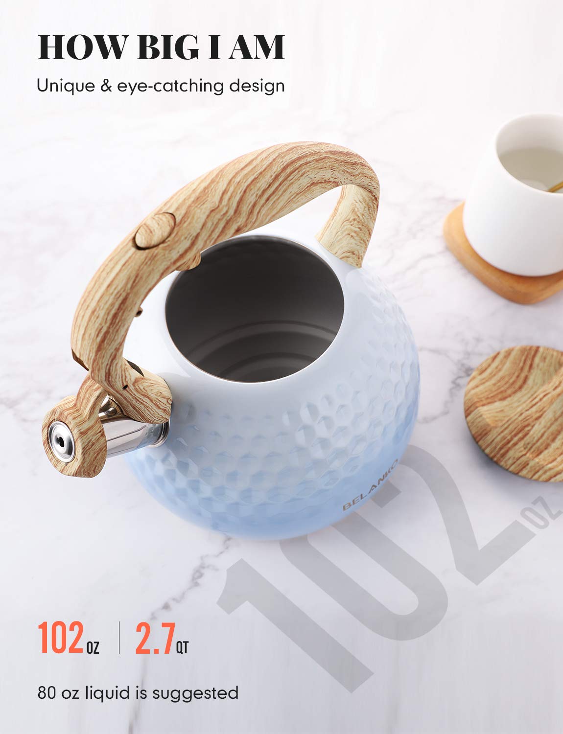 Belanko wood-pattern handle stays cool for comfortable, safe pours.