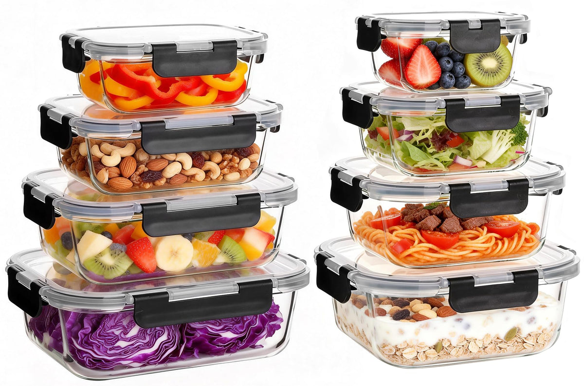 Belgol 8-pack glass containers with lids for meal prep and leftovers.
