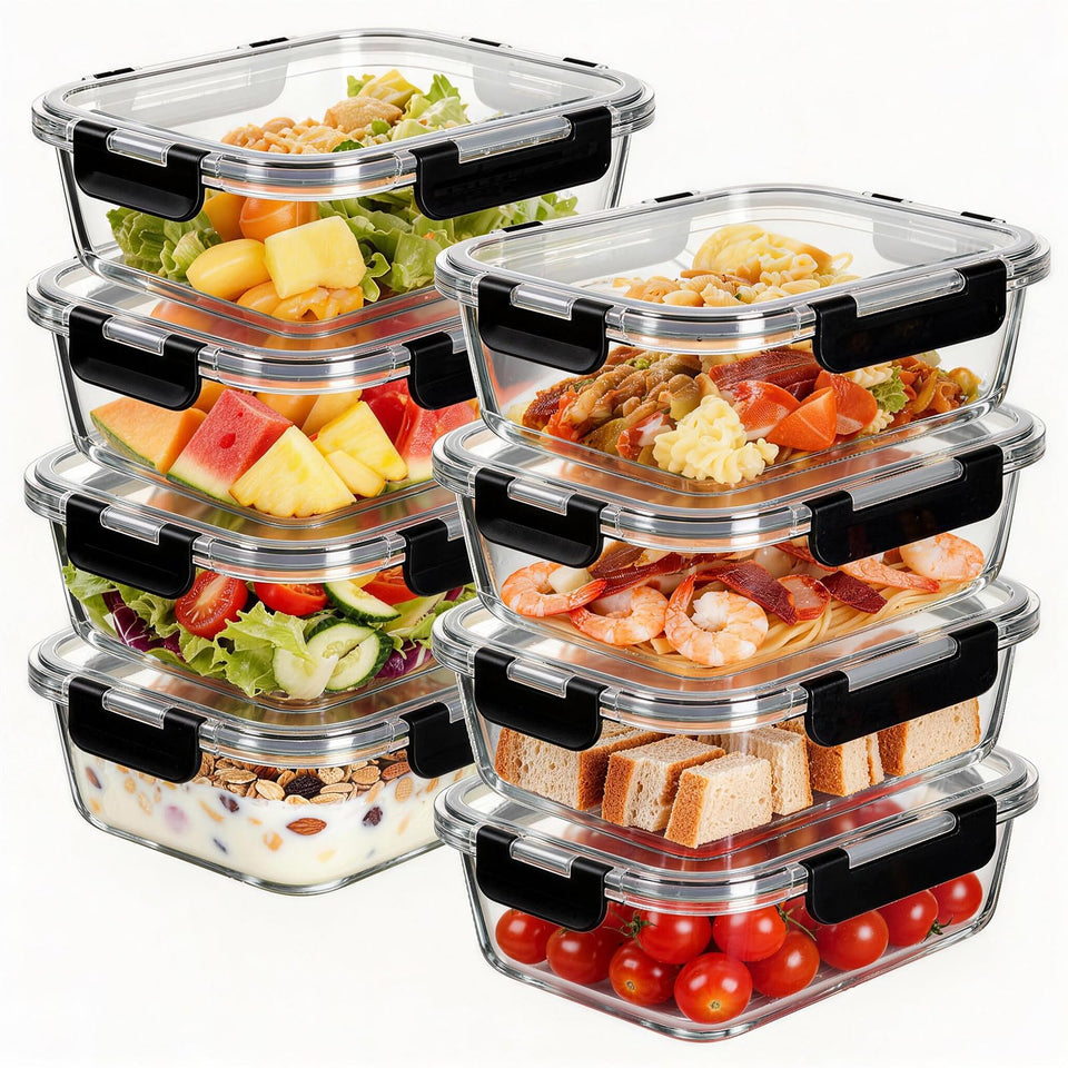 Belgol 8-piece 36oz glass meal prep containers with airtight lid for freshness.