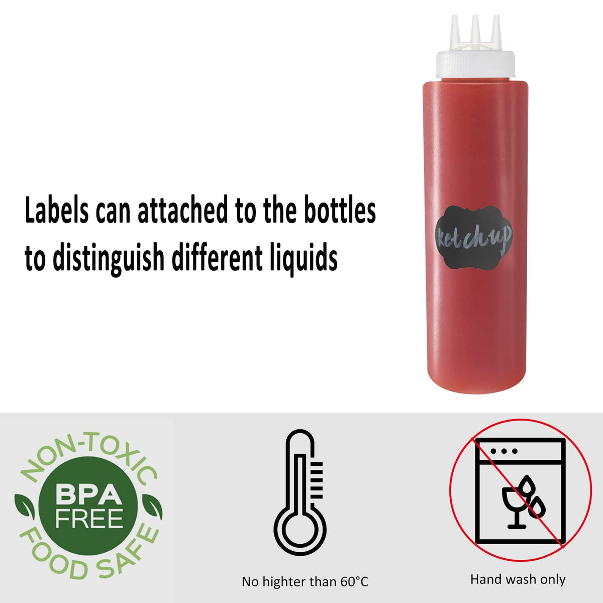 Belinlen squeeze bottles in action for dressings and sauces at meals.