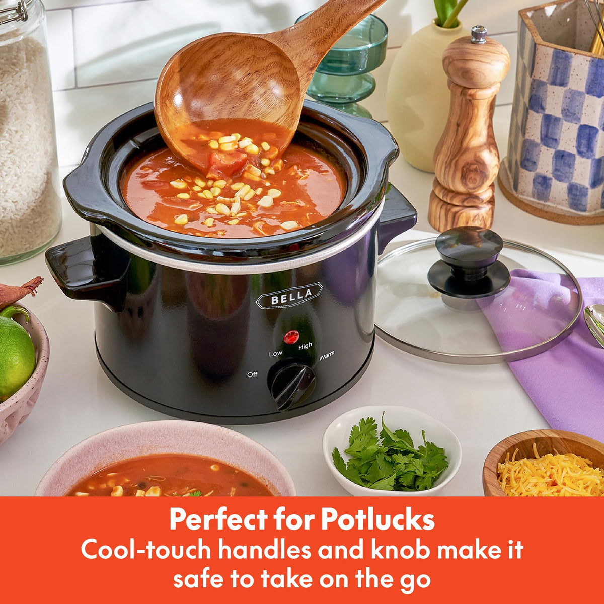 BELLA slow cooker cool-touch side handles keep hands safe