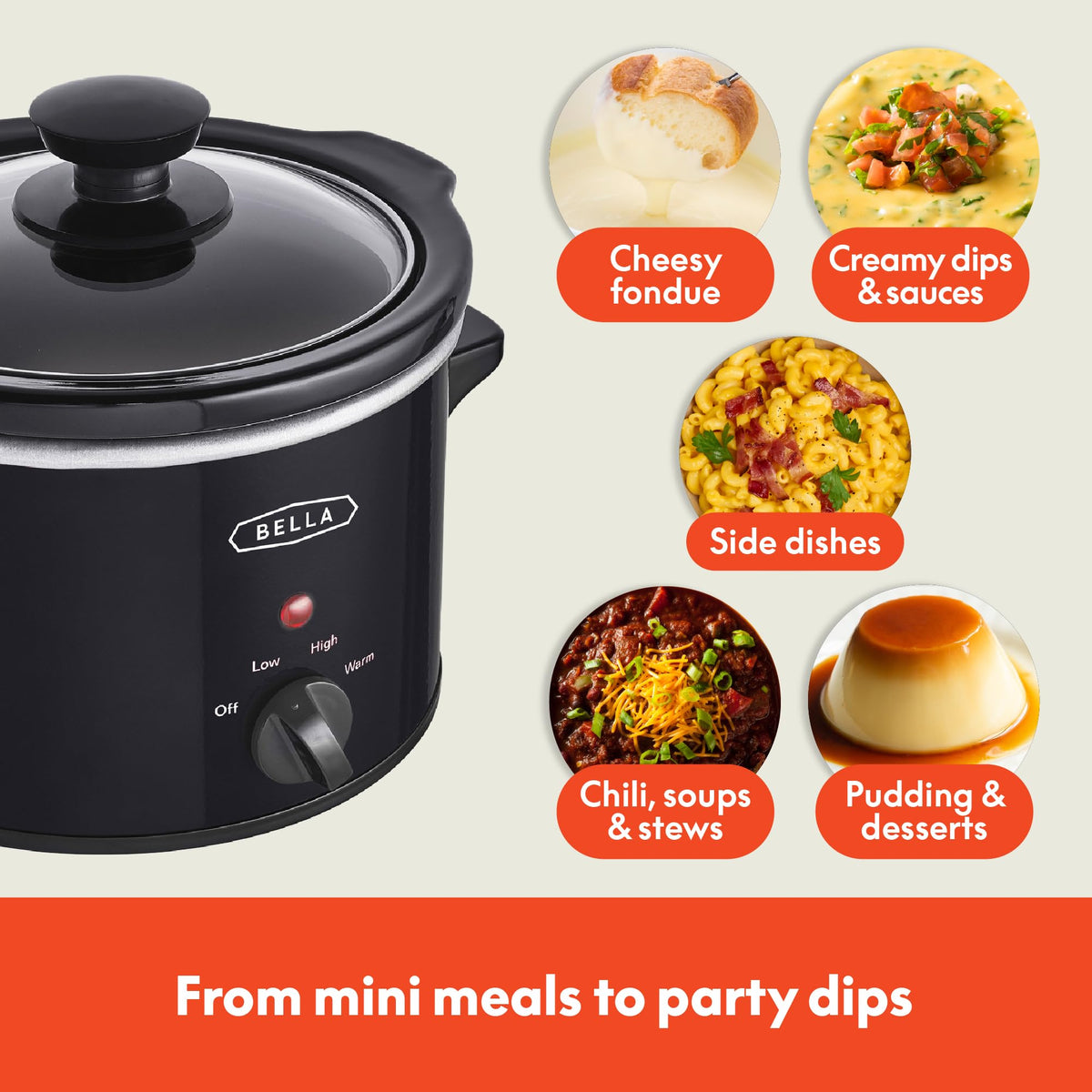 BELLA slow cooker tempered glass lid for easy monitoring