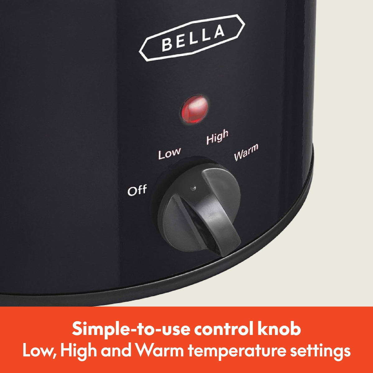 BELLA 1.5 Qt slow cooker with three settings for versatile meals