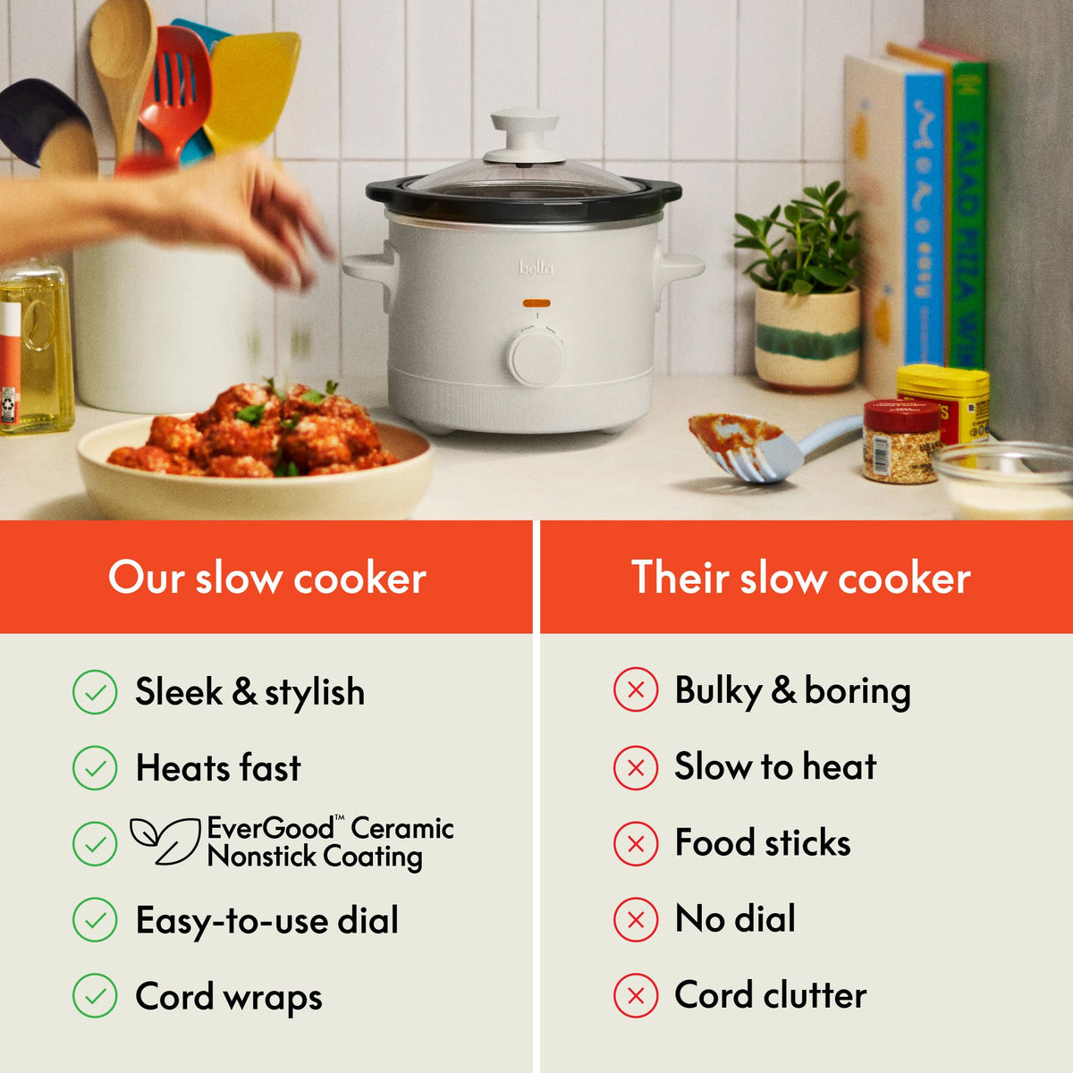 Bella 1.5Qt slow cooker ceramic nonstick coating, prevents sticking and easy release