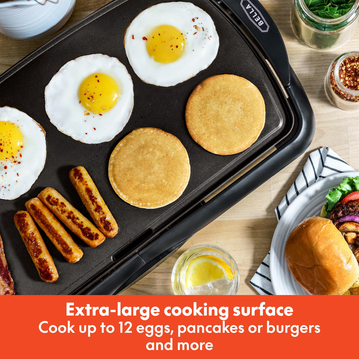 Bella 10-egg capacity griddle ready for bulk egg cooking sessions.