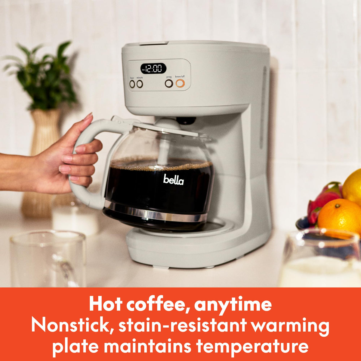 BELLA 12-cup programmable coffee maker digital display shows clear setup and timing.