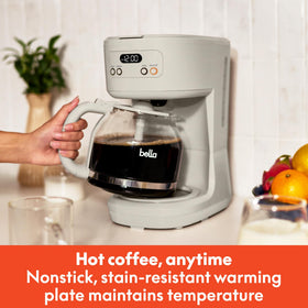 BELLA 12-cup programmable coffee maker digital display shows clear setup and timing.
