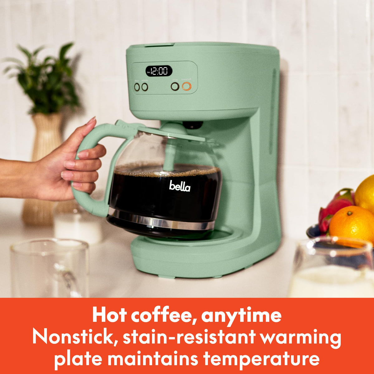 Bella 12-cup programmable coffee maker digital display for quick programming.