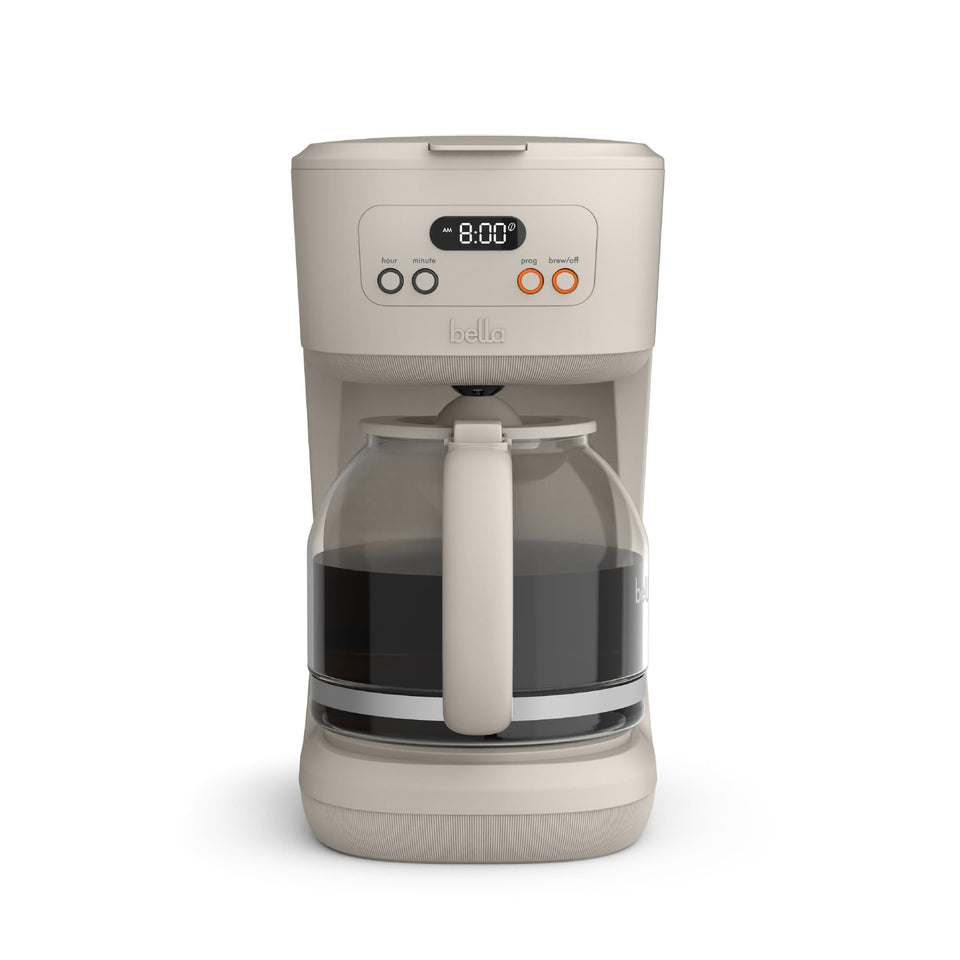 BELLA 12-cup programmable coffee maker front view with easy controls for wake-up brewing.