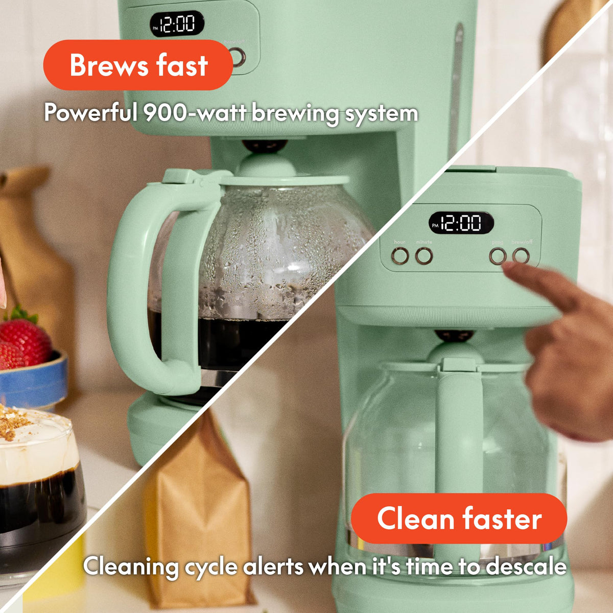 Bella 12-cup programmable coffee maker pause-serve view for mid-brew pours.