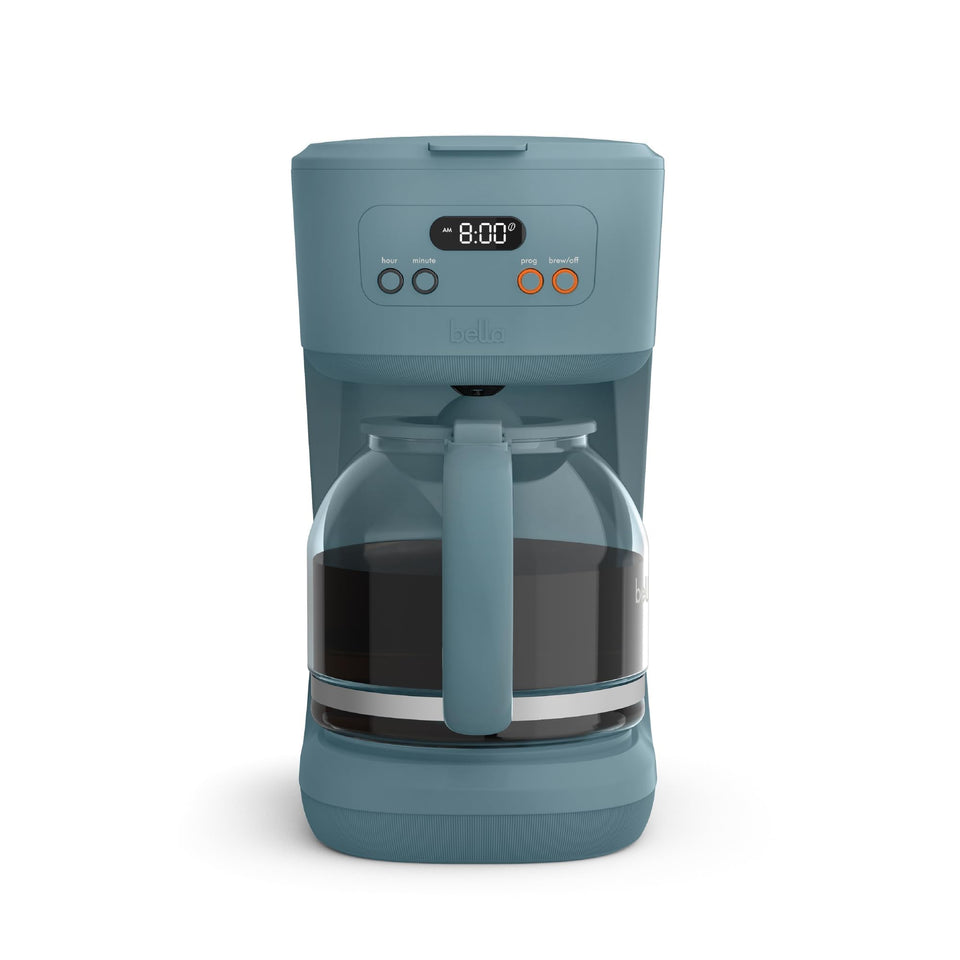 BELLA 12-Cup Programmable Coffee Maker front view on countertop for compact kitchen convenience