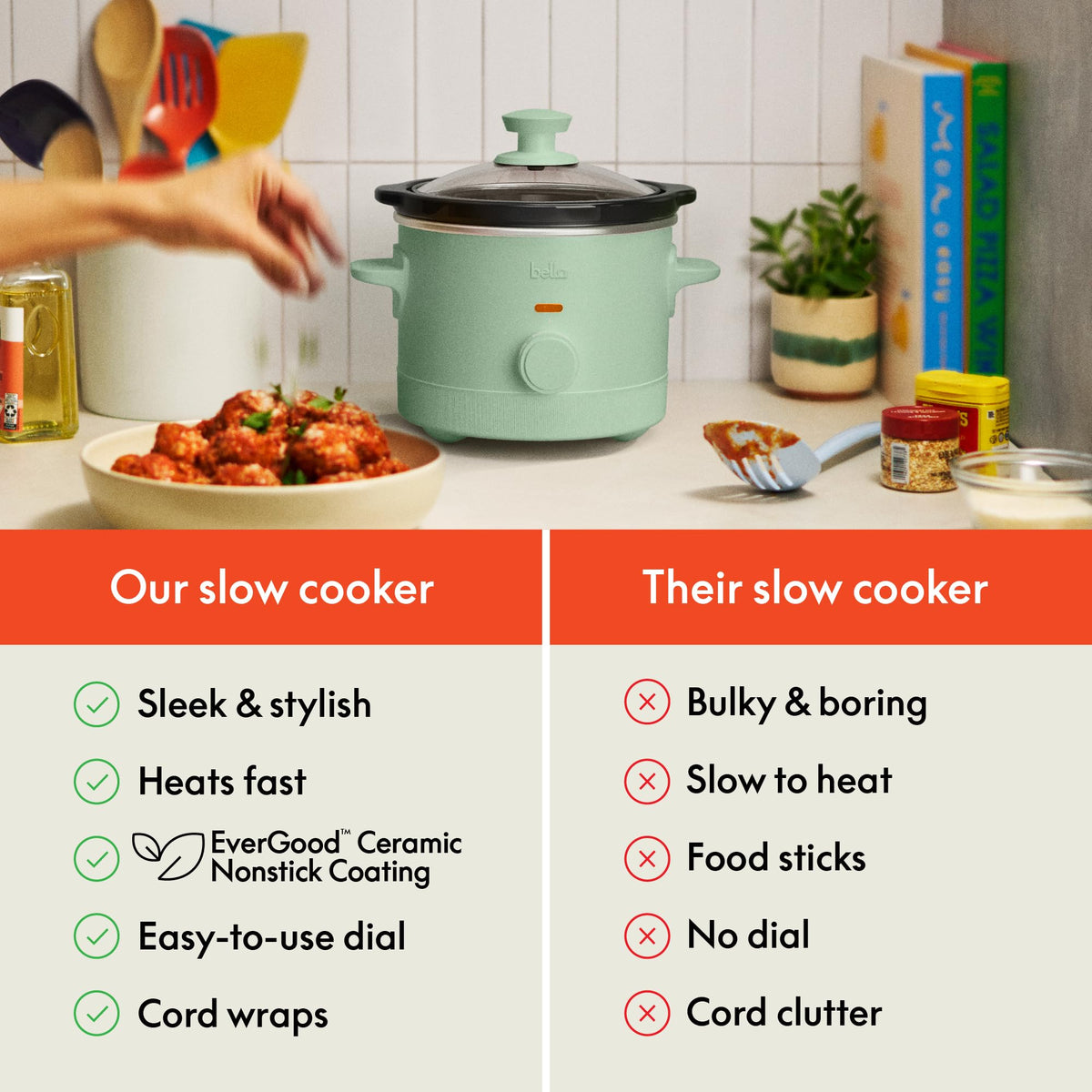 Bella 1.5 qt slow cooker dishwasher-safe pot for effortless cleaning