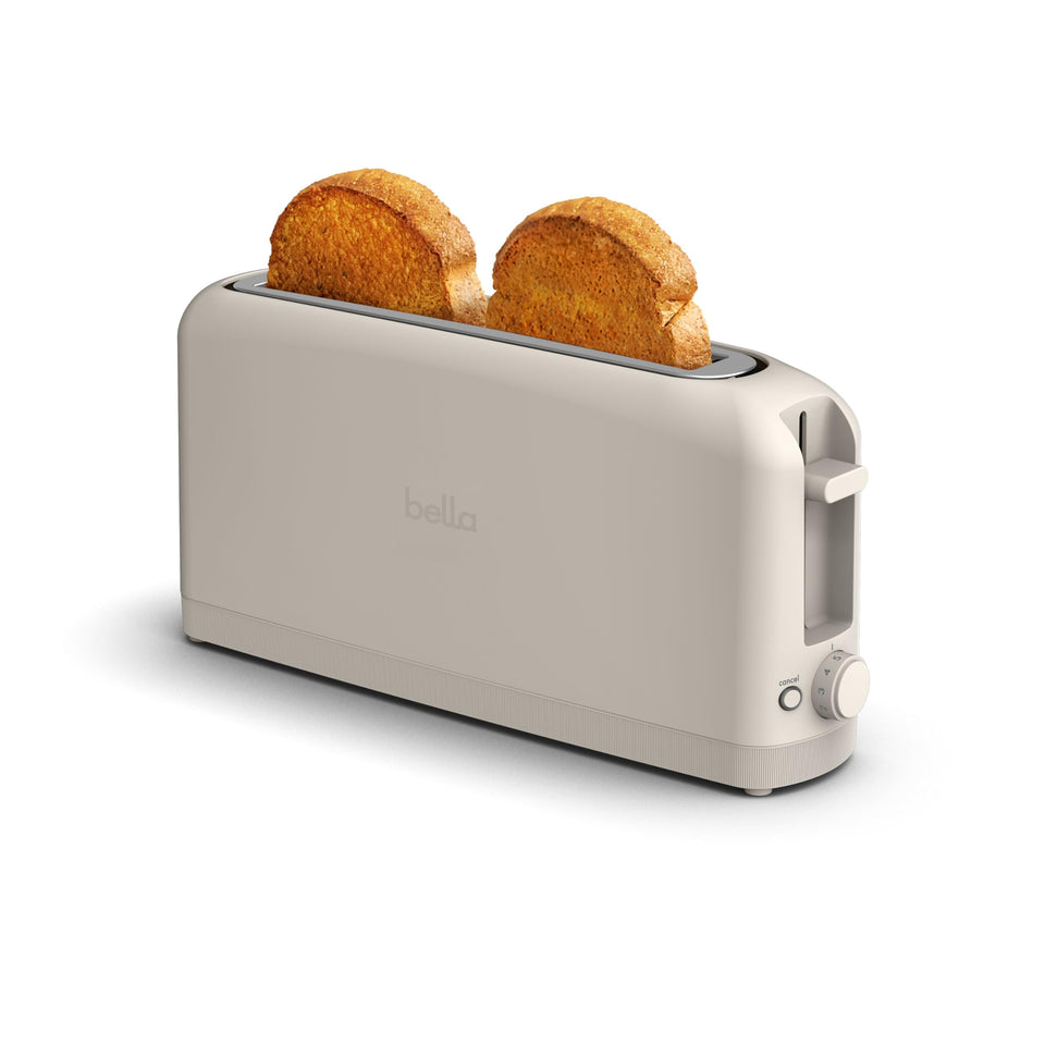 BELLA 2-Slice Slim Toaster with a 10-inch slot for versatile long breads.
