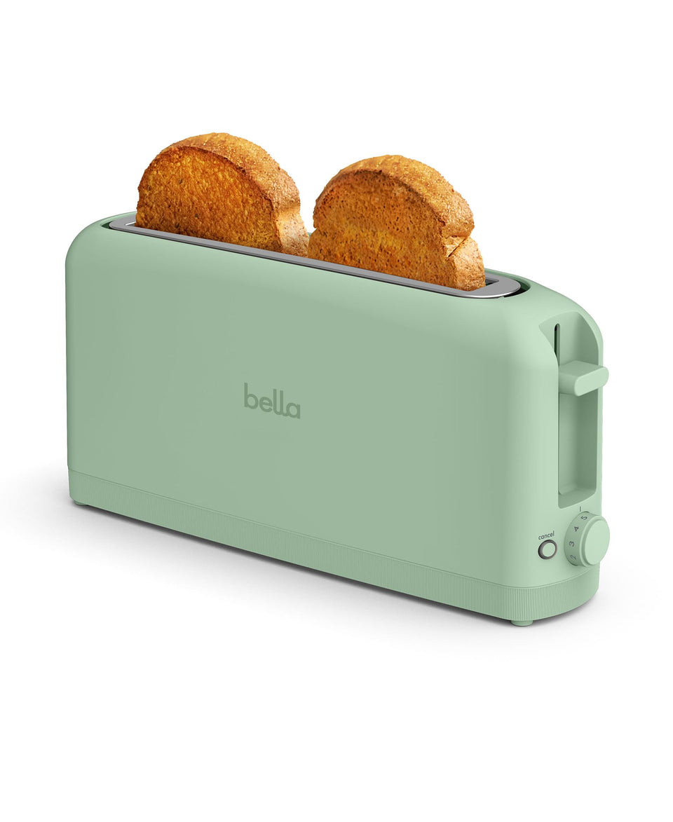 BELLA 2-Slice Slim Toaster long-slot view highlights versatile toasting for various breads