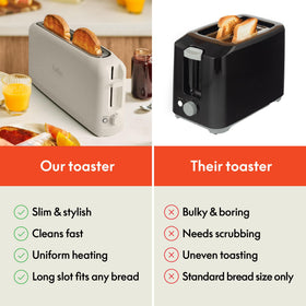 BELLA 2-Slice Slim Toaster removable crumb tray for quick cleanup.