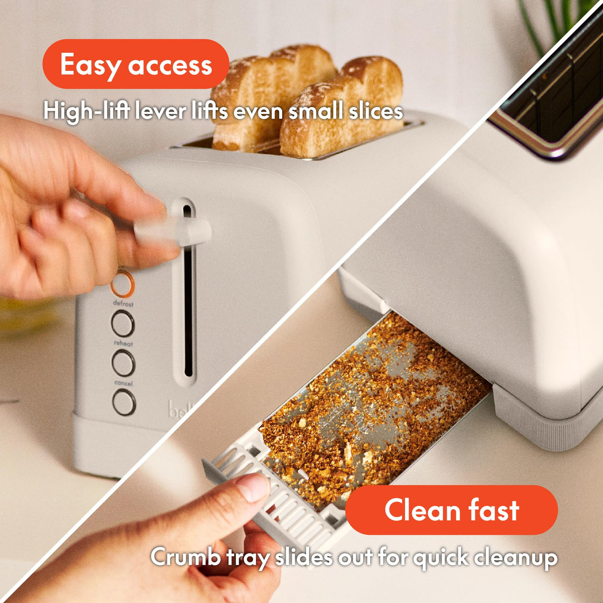 BELLA 2-Slice Toaster bagel, defrost, and reheat buttons for quick morning prep.