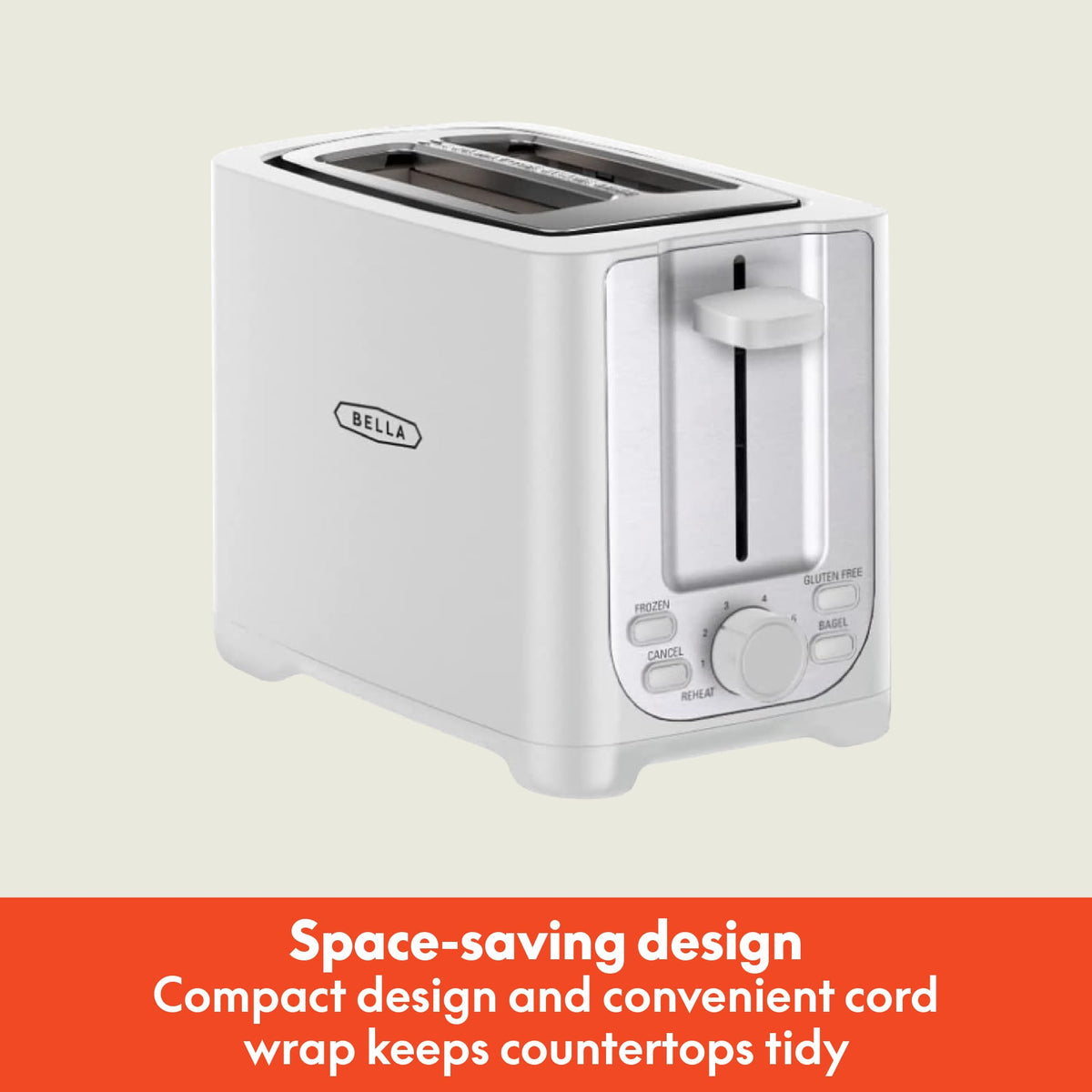 BELLA 2-Slice Toaster control panel with six browning settings for precise results.