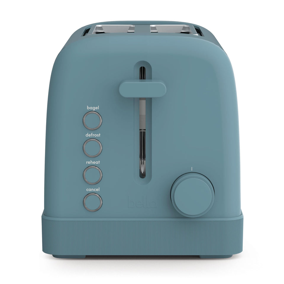 BELLA 2 Slice Toaster front view in Surf finish, compact for small kitchens.