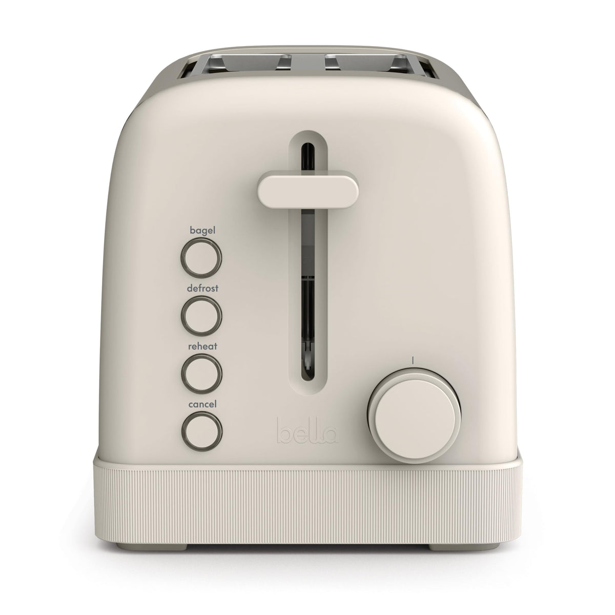 BELLA 2-Slice Toaster front view, compact and sturdy for small kitchens.