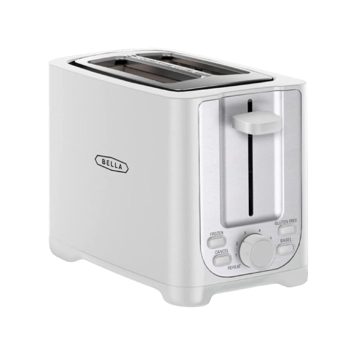 BELLA 2-Slice Toaster front view showing compact design for small kitchens.