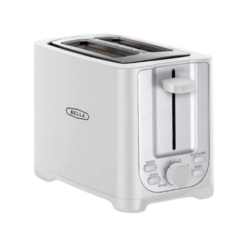 BELLA 2-Slice Toaster front view showing compact design for small kitchens.