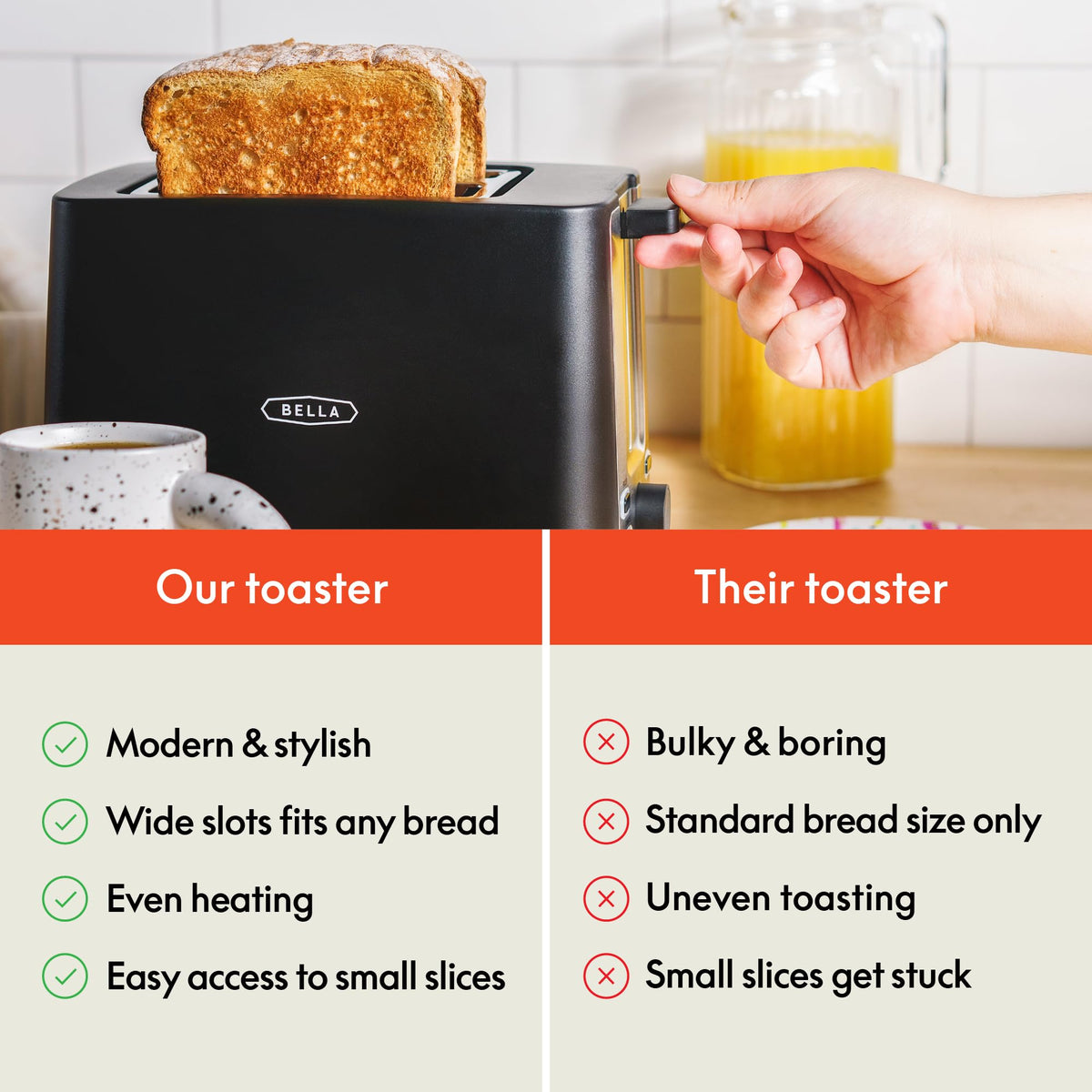 BELLA 2-Slice Toaster removable crumb tray for easy cleaning