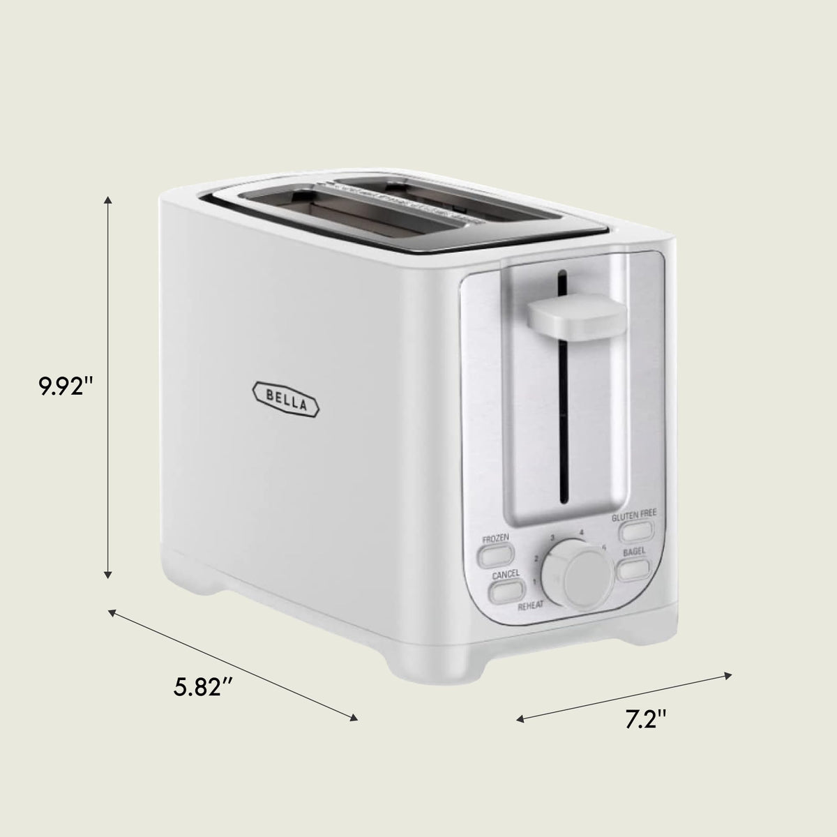 BELLA 2-Slice Toaster with extra-wide slots for bagels and thick slices.