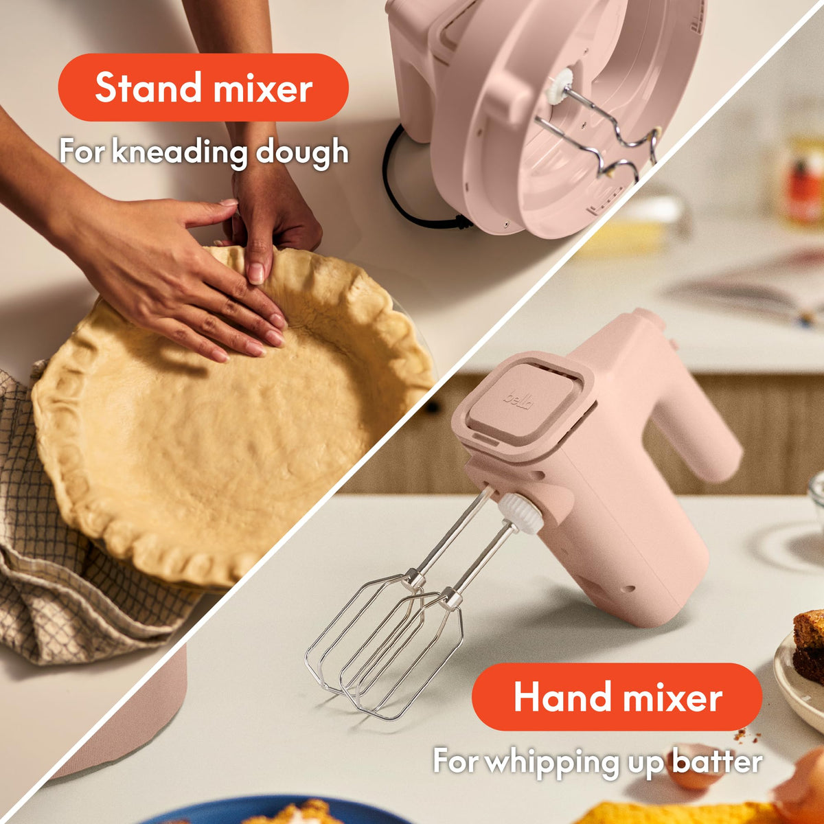 BELLA 3.5 Qt Hand & Stand Mixer with dual bowls ready for multi-batch prep