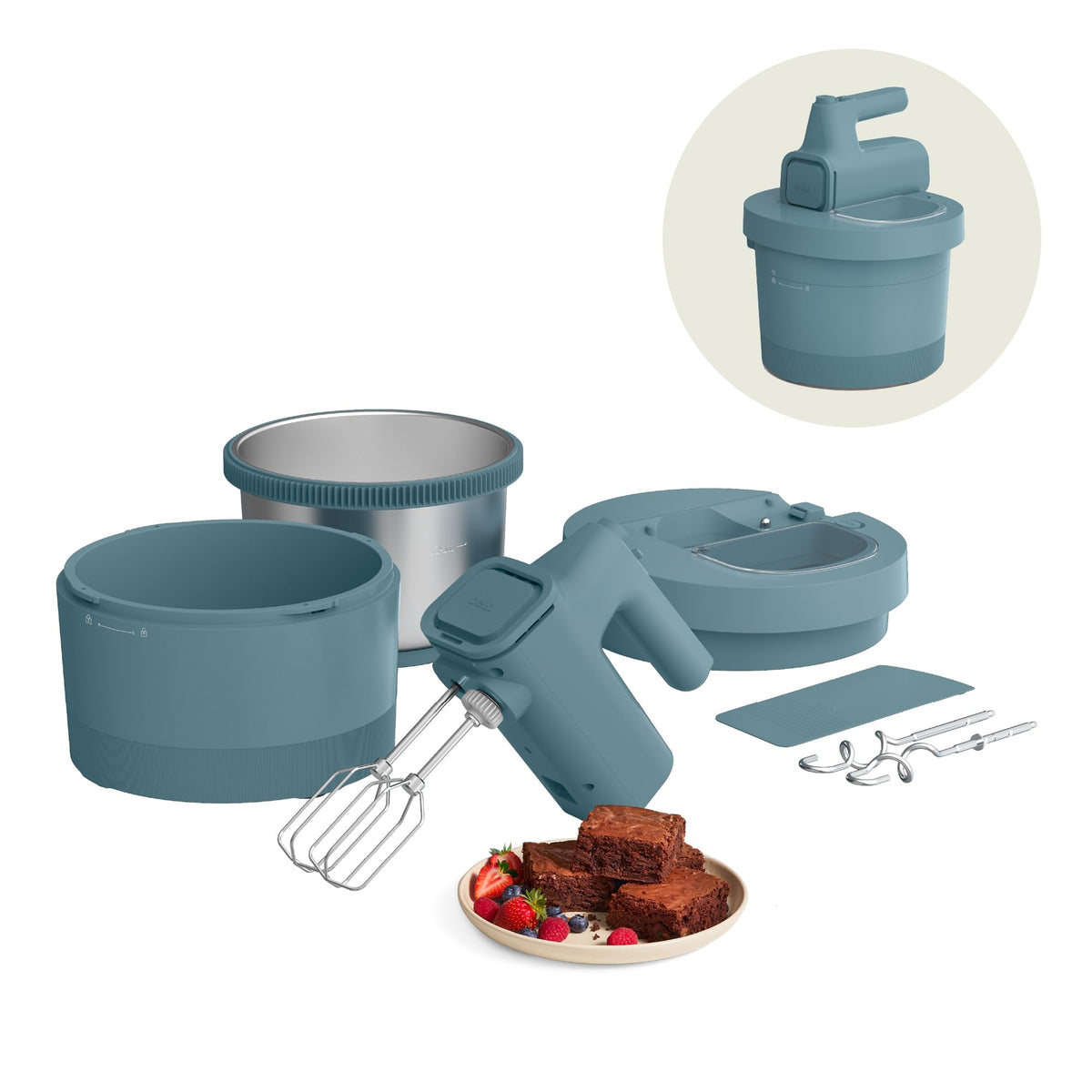 Bella 3.5qt hand-and-stand mixer with dual bowls for multitasking batters.