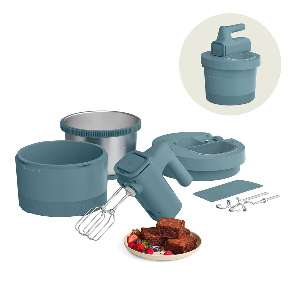 Bella 3.5qt hand-and-stand mixer with dual bowls for multitasking batters.