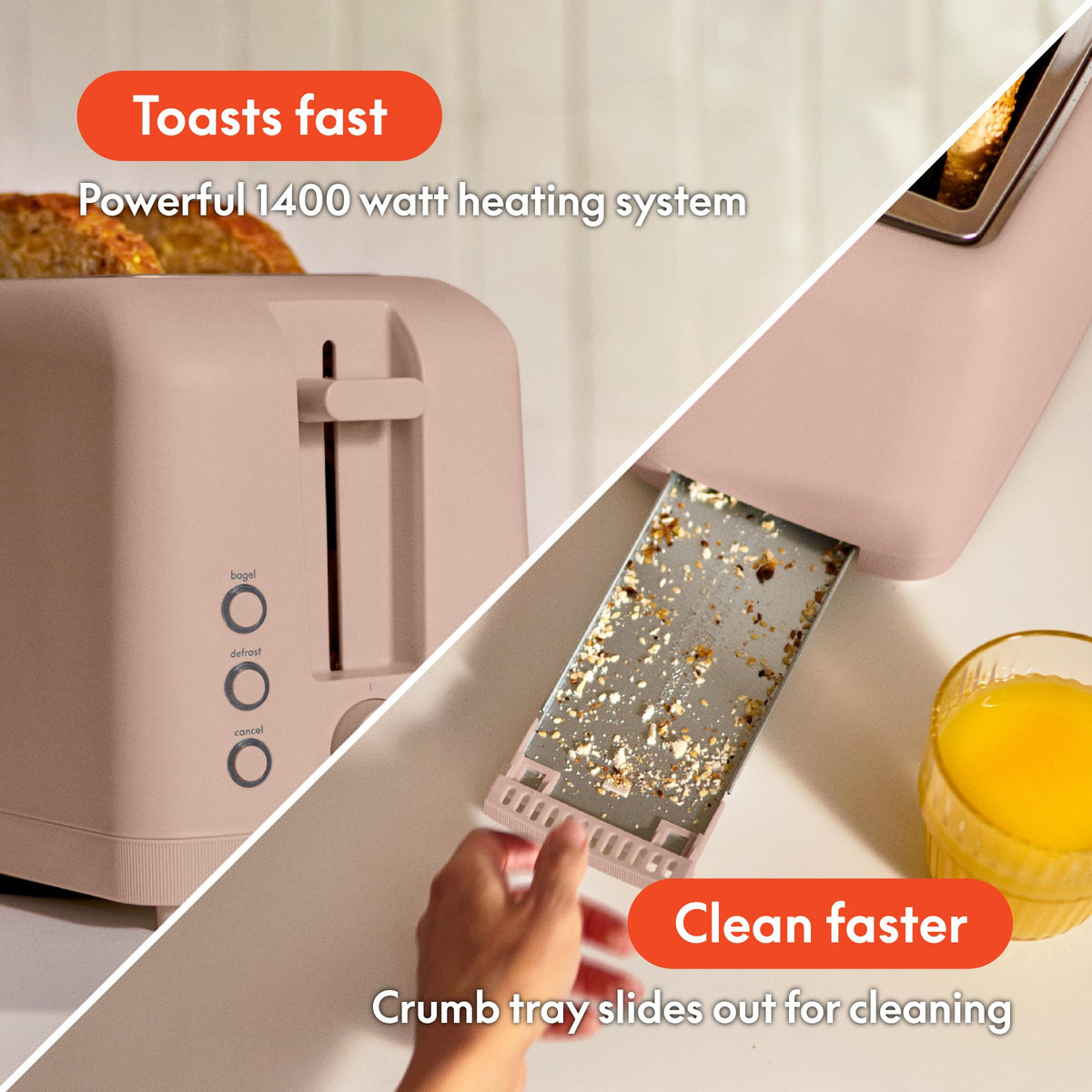 Reheat and Cancel features on the BELLA slim toaster for quick adjustments