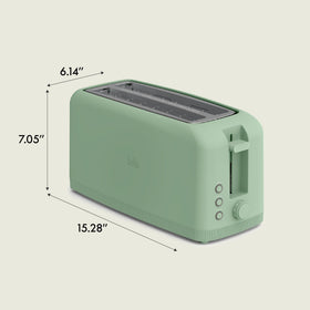 Bella 4-Slice Slim Toaster Seaglass color finish adds a calming modern touch to your kitchen.