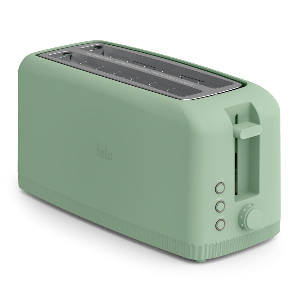 Bella 4-Slice Slim Toaster's 10-inch slot fits two slices, ideal for artisan bread.