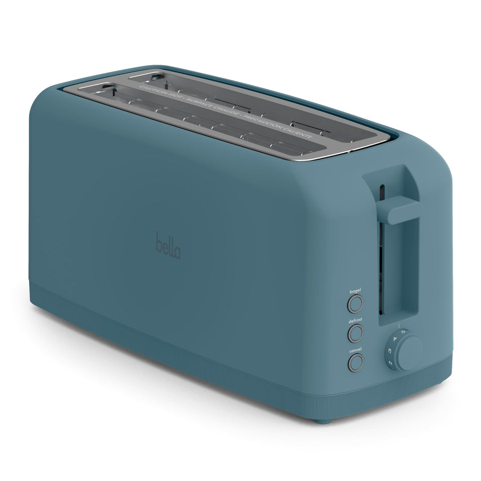 BELLA 4-Slice Slim Toaster long slot for sourdough and bagels, enabling even toasting.
