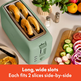 Bella 4-Slice Slim Toaster wide-toasting space supports sourdough and baguettes with even browning.
