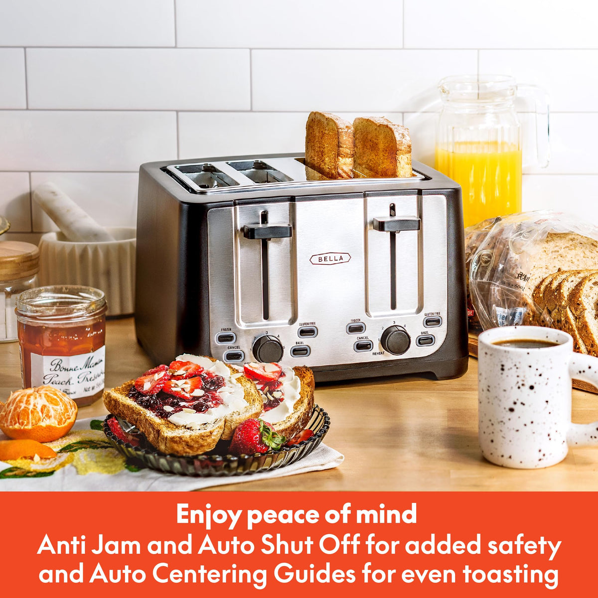 BELLA 4-Slice Toaster defrost and reheat in action for frozen slices.