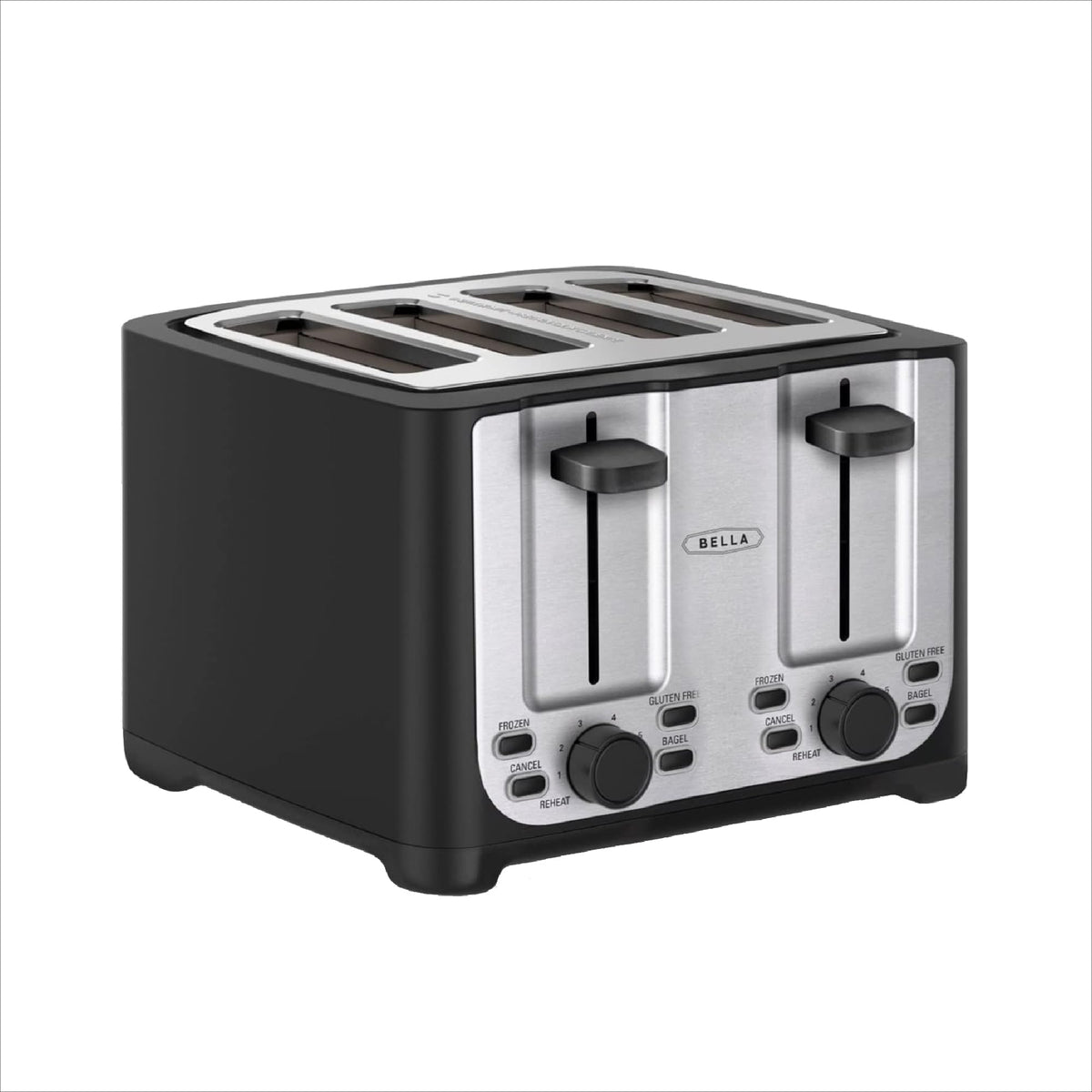 BELLA 4-Slice Toaster front view with extra-wide slots for bagels and bread.