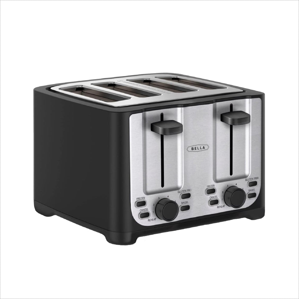 BELLA 4-Slice Toaster front view with extra-wide slots for bagels and bread.