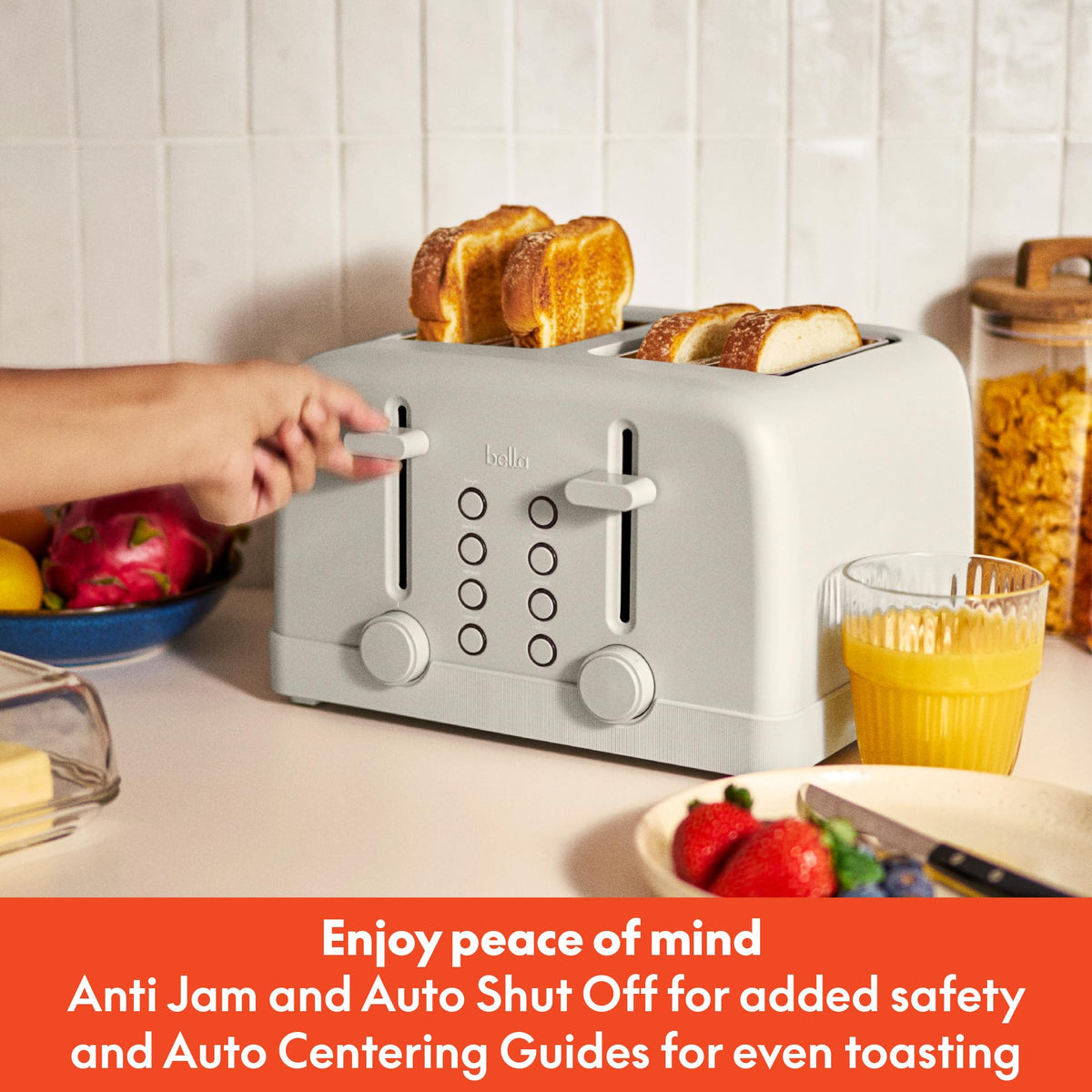 BELLA 4-Slice Toaster reheat bagel defrost demonstrates versatile presets
