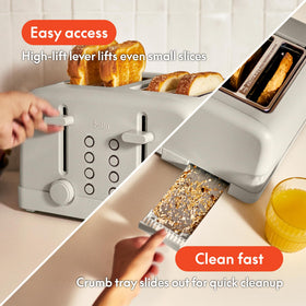 BELLA 4-Slice Toaster removable crumb tray for quick cleanup after breakfast
