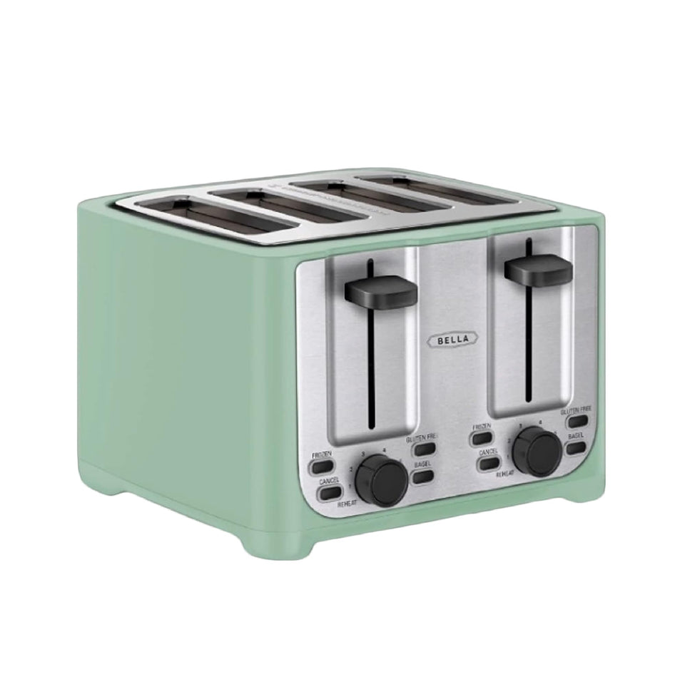 BELLA 4-slice toaster front view with sage finish and wide slots for bagels.