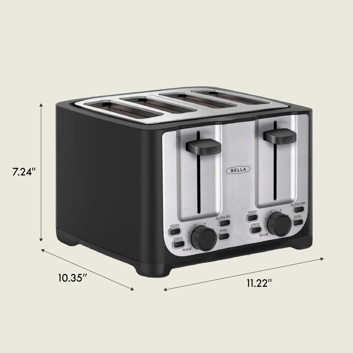 BELLA 4-Slice Toaster slim profile on a kitchen countertop.