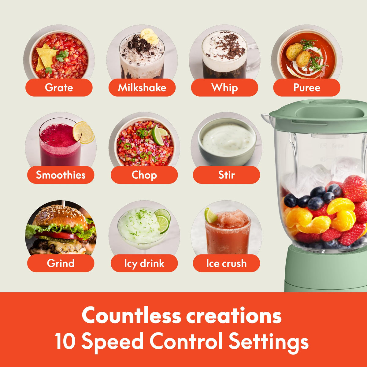 BELLA 4-tip stainless steel blades deliver consistent blends for smoothies and soups.