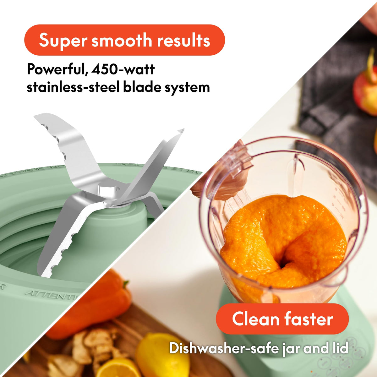 BELLA 450-watt motor blender powers ice crushing and smooth purees.