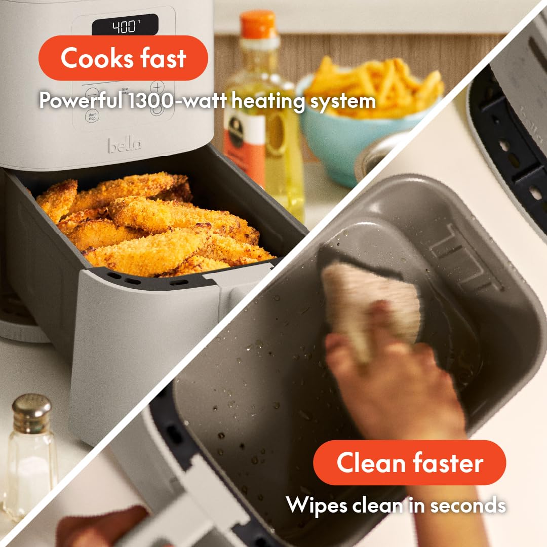 Inside view of Bella 4Qt Oatmilk air fryer basket shows 3.3 lbs capacity for family meals.