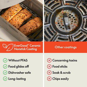 Close-up of EverGood ceramic nonstick coating on Bella Oatmilk air fryer for easy cleanup.