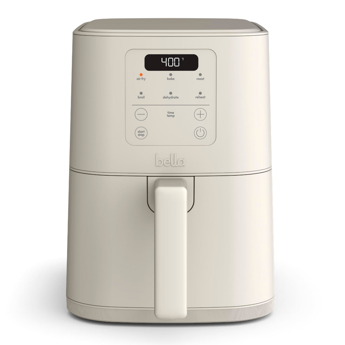 Bella 4Qt Slim Air Fryer in Oatmilk front view highlights space-saving design.
