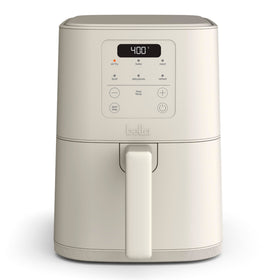 Bella 4Qt Slim Air Fryer in Oatmilk front view highlights space-saving design.