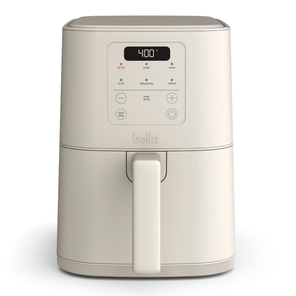 Bella 4Qt Slim Air Fryer in Oatmilk front view highlights space-saving design.